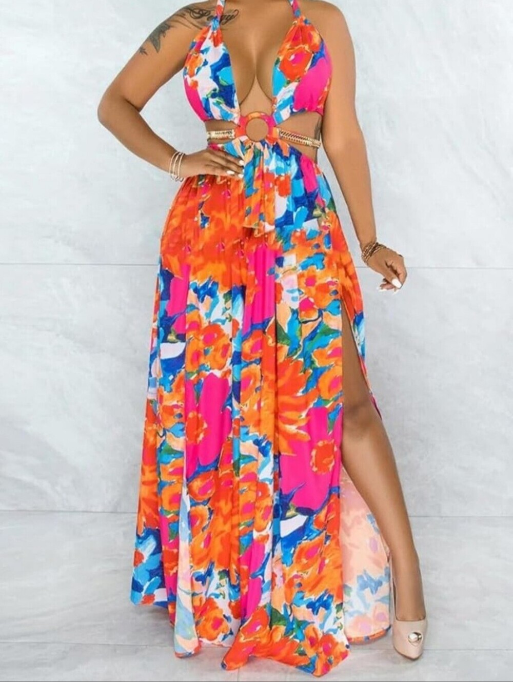 Luxxel Pink & Orange Floral Halter Maxi Dress
